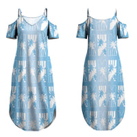Bula Fiji Couples Matching Summer Maxi Dress and Hawaiian Shirt Blue Makare Masi Tapa Pattern