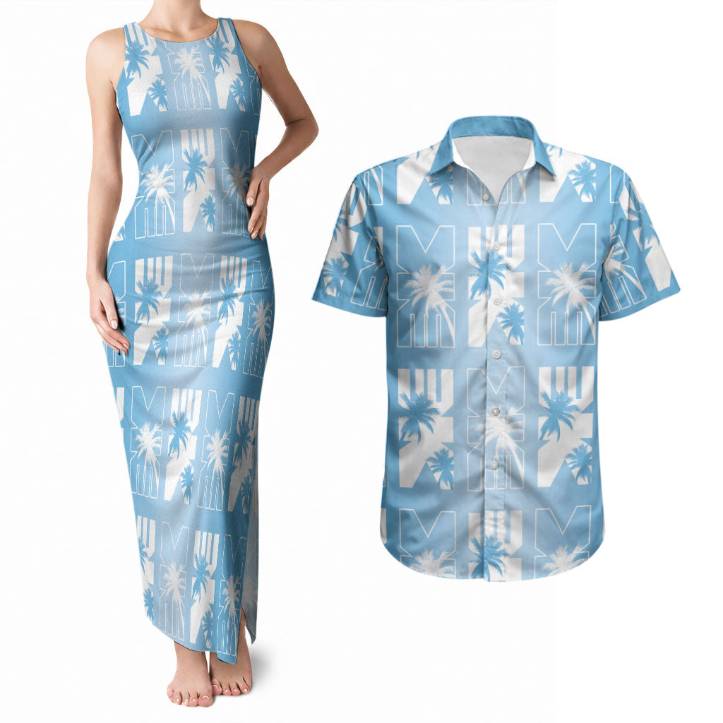 Bula Fiji Couples Matching Tank Maxi Dress and Hawaiian Shirt Blue Makare Masi Tapa Pattern