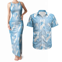 Bula Fiji Couples Matching Tank Maxi Dress and Hawaiian Shirt Blue Makare Masi Tapa Pattern