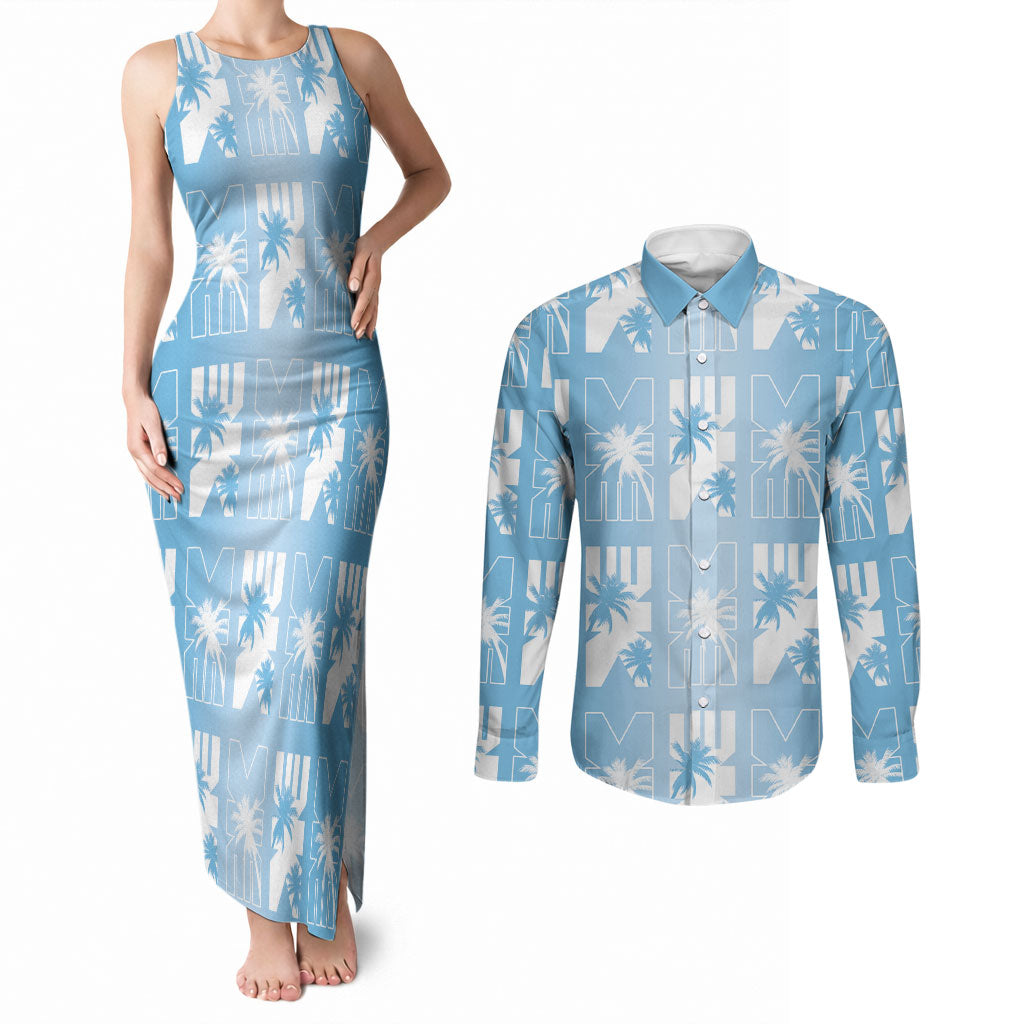 Bula Fiji Couples Matching Tank Maxi Dress and Long Sleeve Button Shirt Blue Makare Masi Tapa Pattern