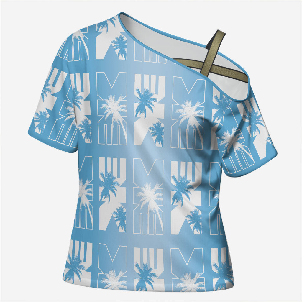 Bula Fiji Cross Shoulder Shirt Blue Makare Masi Tapa Pattern