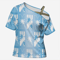 Bula Fiji Cross Shoulder Shirt Blue Makare Masi Tapa Pattern