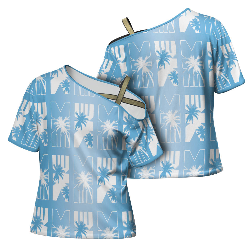 Bula Fiji Cross Shoulder Shirt Blue Makare Masi Tapa Pattern