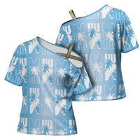 Bula Fiji Cross Shoulder Shirt Blue Makare Masi Tapa Pattern