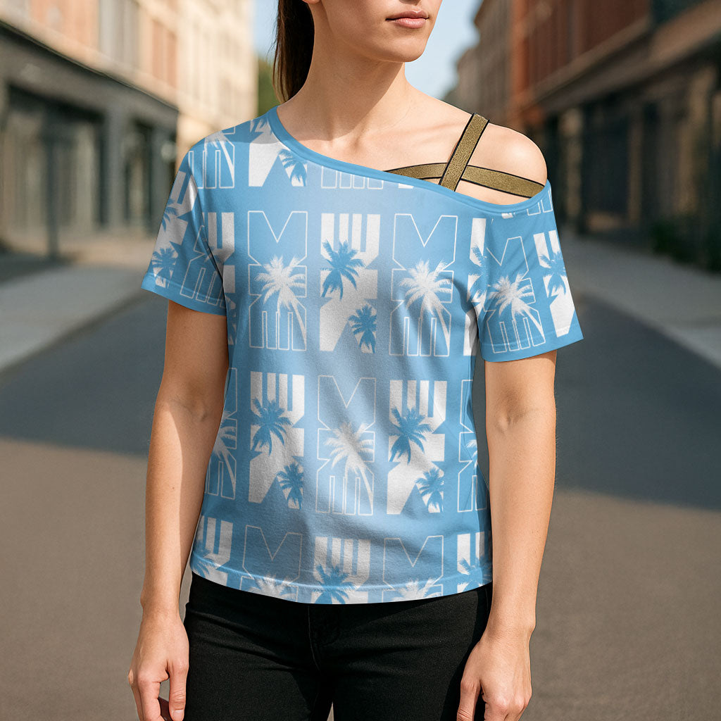 Bula Fiji Cross Shoulder Shirt Blue Makare Masi Tapa Pattern