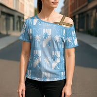 Bula Fiji Cross Shoulder Shirt Blue Makare Masi Tapa Pattern