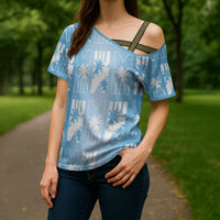 Bula Fiji Cross Shoulder Shirt Blue Makare Masi Tapa Pattern