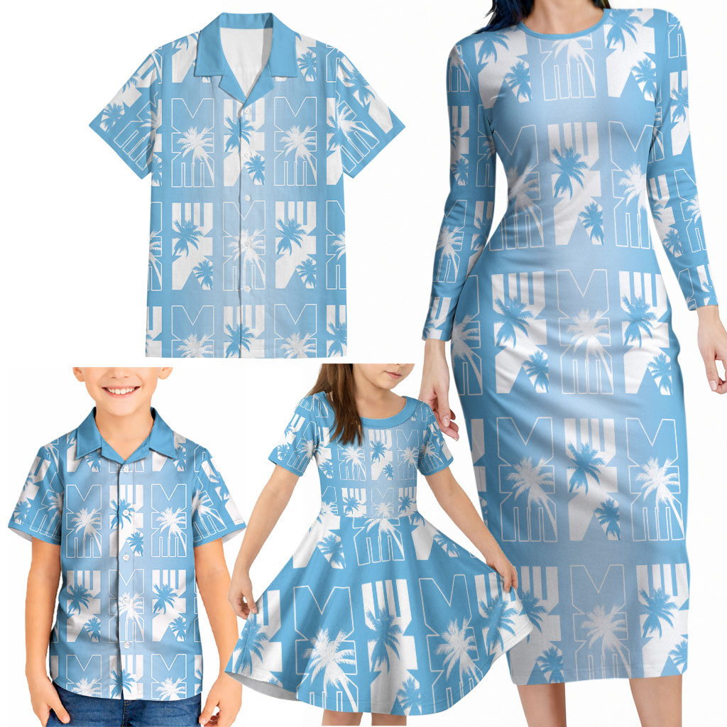 Bula Fiji Family Matching Long Sleeve Bodycon Dress and Hawaiian Shirt Blue Makare Masi Tapa Pattern