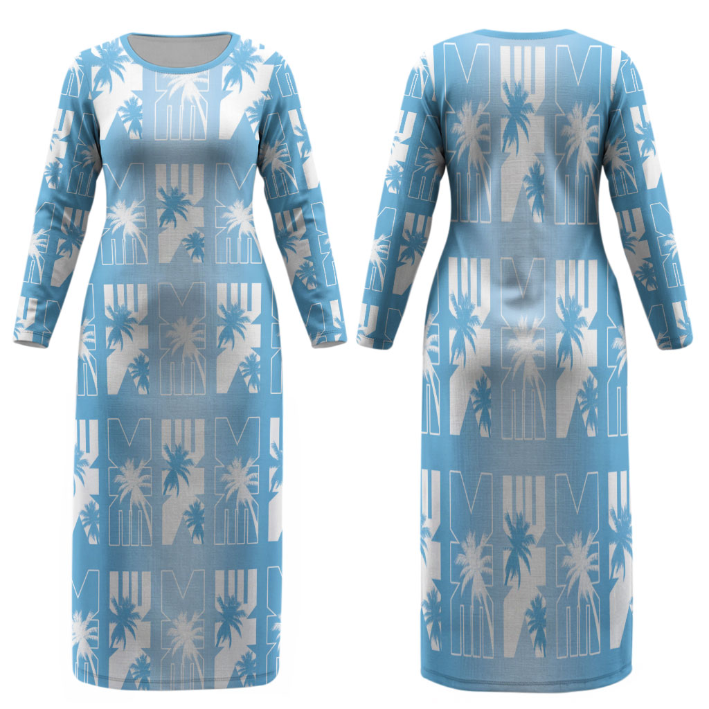 Bula Fiji Family Matching Long Sleeve Bodycon Dress and Hawaiian Shirt Blue Makare Masi Tapa Pattern