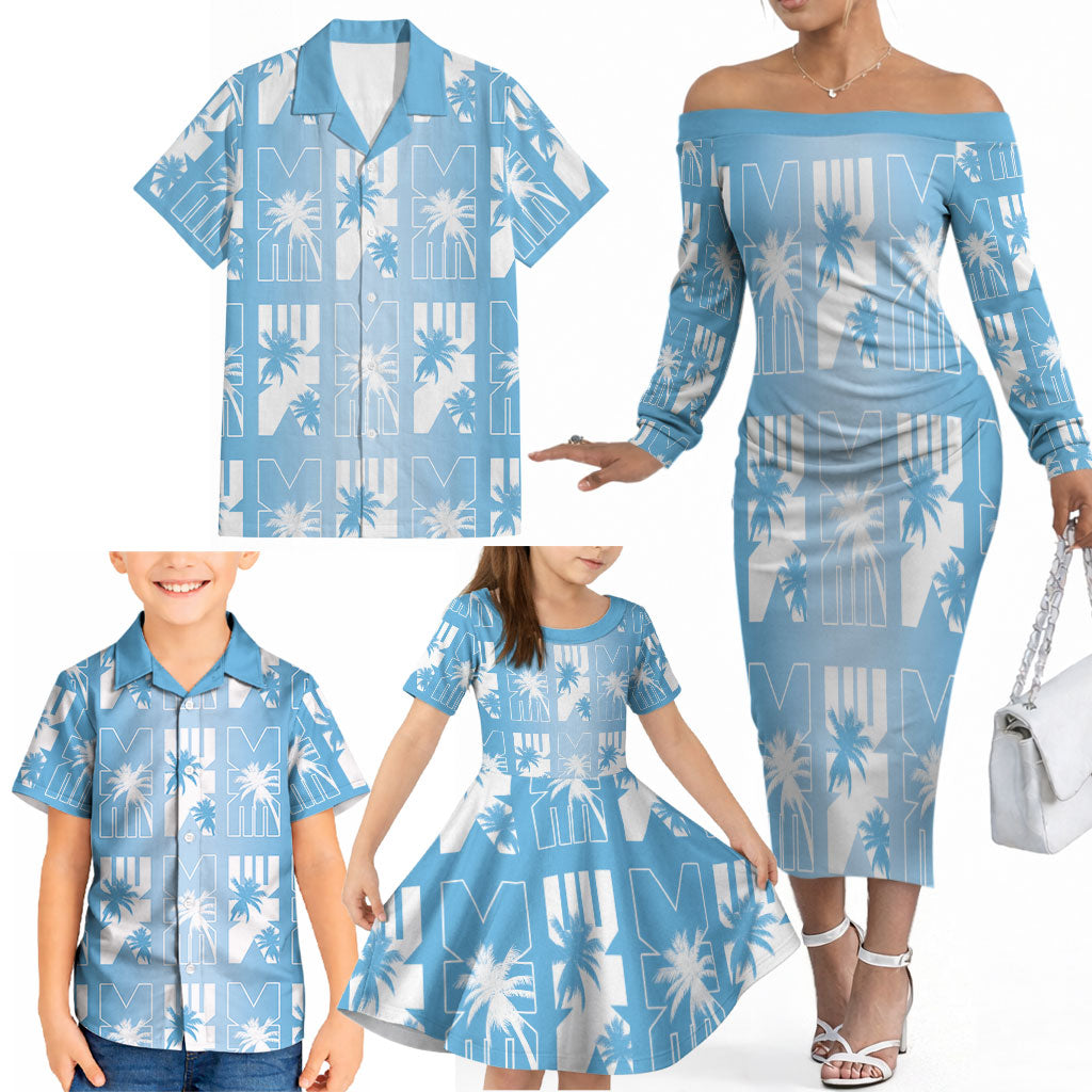 Bula Fiji Family Matching Off The Shoulder Long Sleeve Dress and Hawaiian Shirt Blue Makare Masi Tapa Pattern