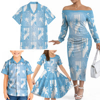 Bula Fiji Family Matching Off The Shoulder Long Sleeve Dress and Hawaiian Shirt Blue Makare Masi Tapa Pattern