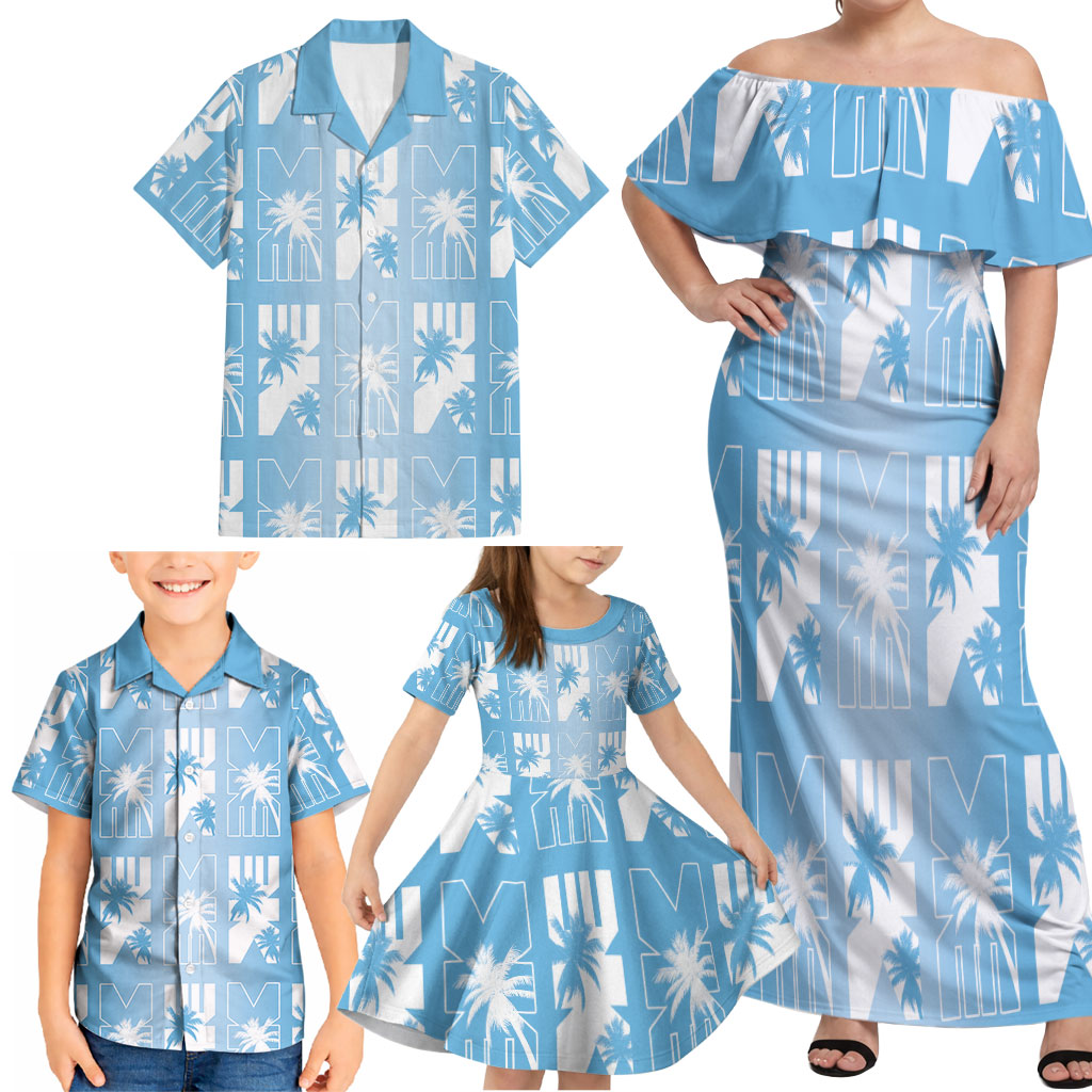Bula Fiji Family Matching Off Shoulder Maxi Dress and Hawaiian Shirt Blue Makare Masi Tapa Pattern