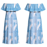 Bula Fiji Family Matching Off Shoulder Maxi Dress and Hawaiian Shirt Blue Makare Masi Tapa Pattern