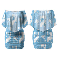 Bula Fiji Family Matching Off Shoulder Short Dress and Hawaiian Shirt Blue Makare Masi Tapa Pattern