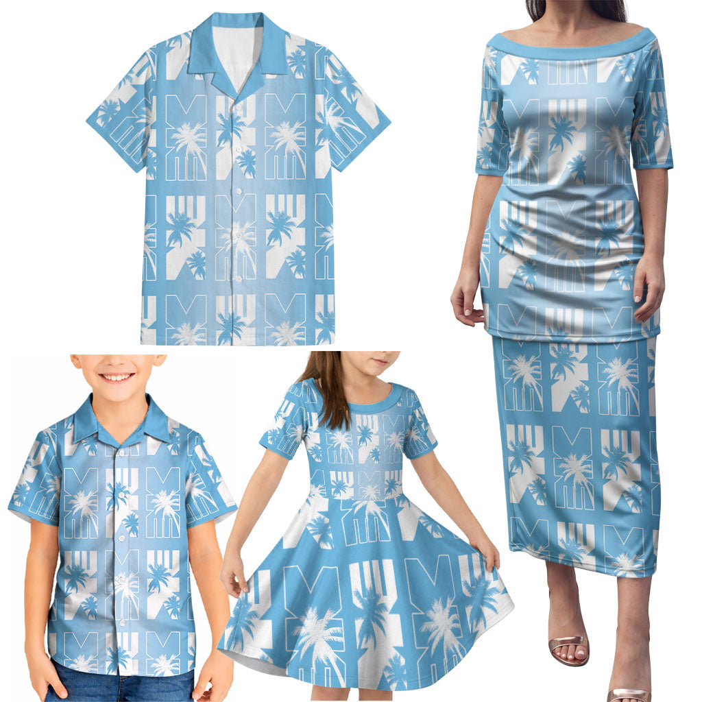 Bula Fiji Family Matching Puletasi and Hawaiian Shirt Blue Makare Masi Tapa Pattern
