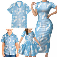 Bula Fiji Family Matching Short Sleeve Bodycon Dress and Hawaiian Shirt Blue Makare Masi Tapa Pattern