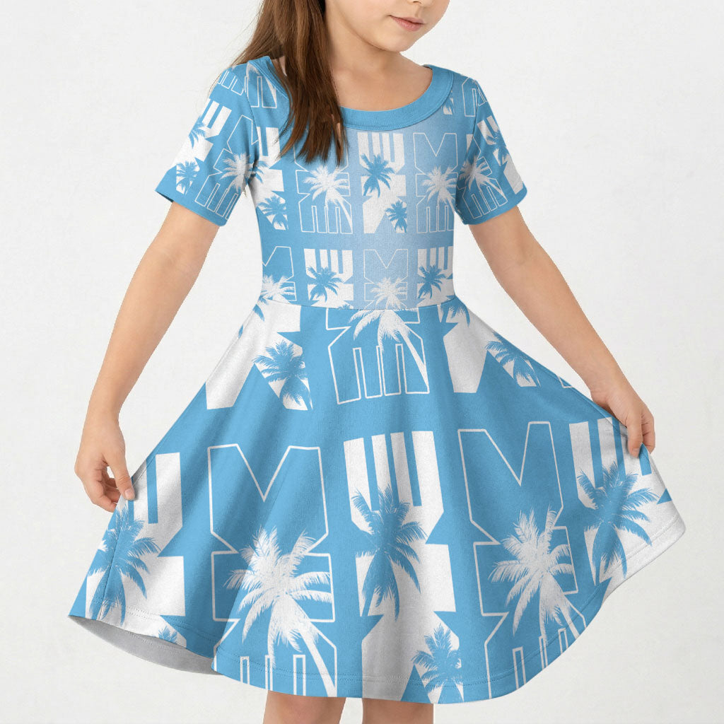 Bula Fiji Kid Short Sleeve Dress Blue Makare Masi Tapa Pattern