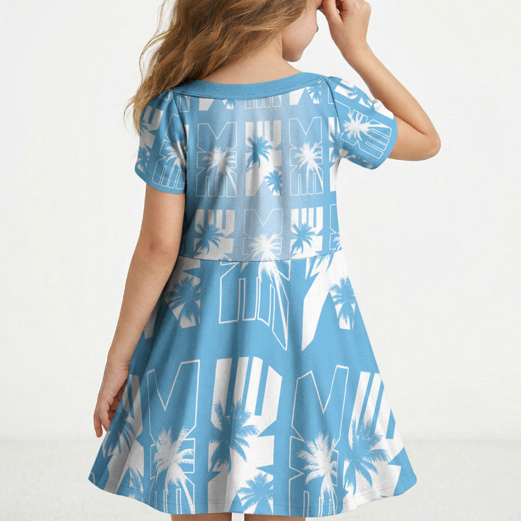 Bula Fiji Kid Short Sleeve Dress Blue Makare Masi Tapa Pattern