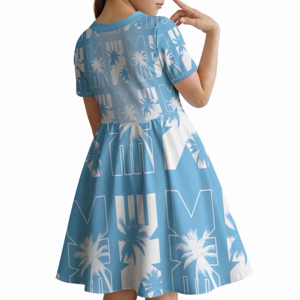 Bula Fiji Kid Short Sleeve Dress Blue Makare Masi Tapa Pattern