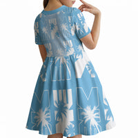 Bula Fiji Kid Short Sleeve Dress Blue Makare Masi Tapa Pattern