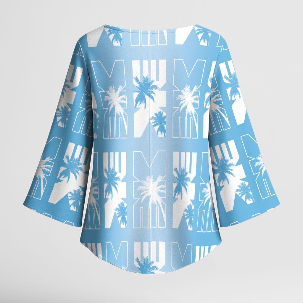 Bula Fiji Kimono Sleeve Blouse Blue Makare Masi Tapa Pattern