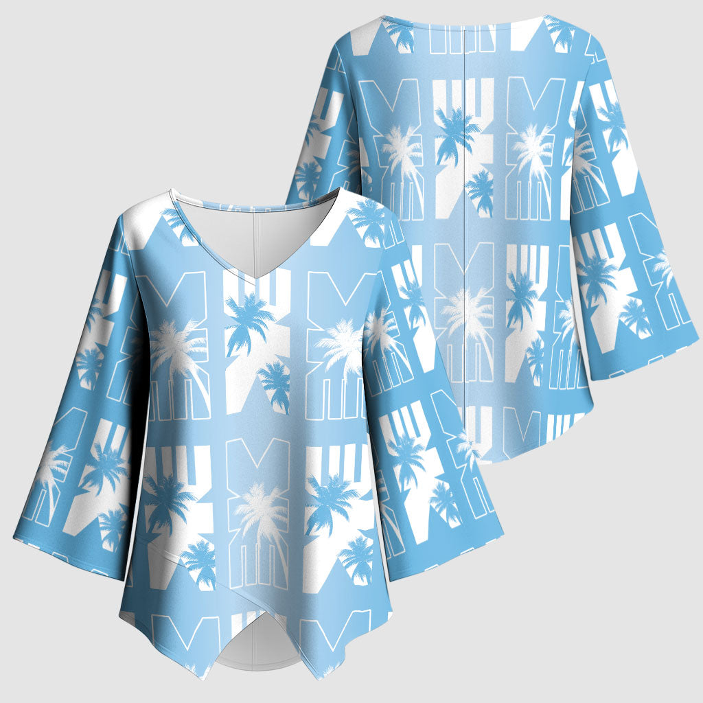 Bula Fiji Kimono Sleeve Blouse Blue Makare Masi Tapa Pattern