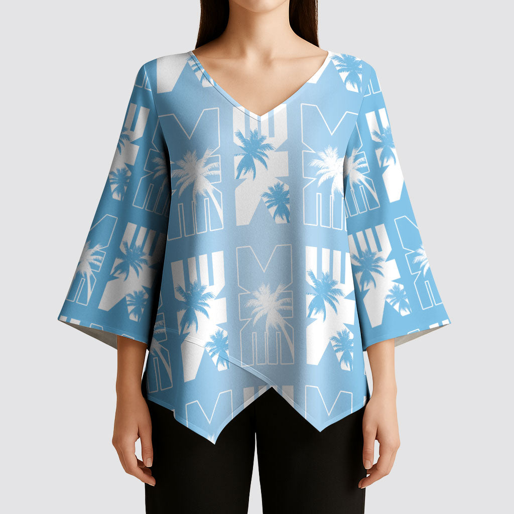 Bula Fiji Kimono Sleeve Blouse Blue Makare Masi Tapa Pattern