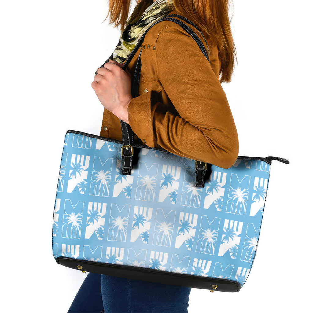 Bula Fiji Leather Tote Bag Blue Makare Masi Tapa Pattern