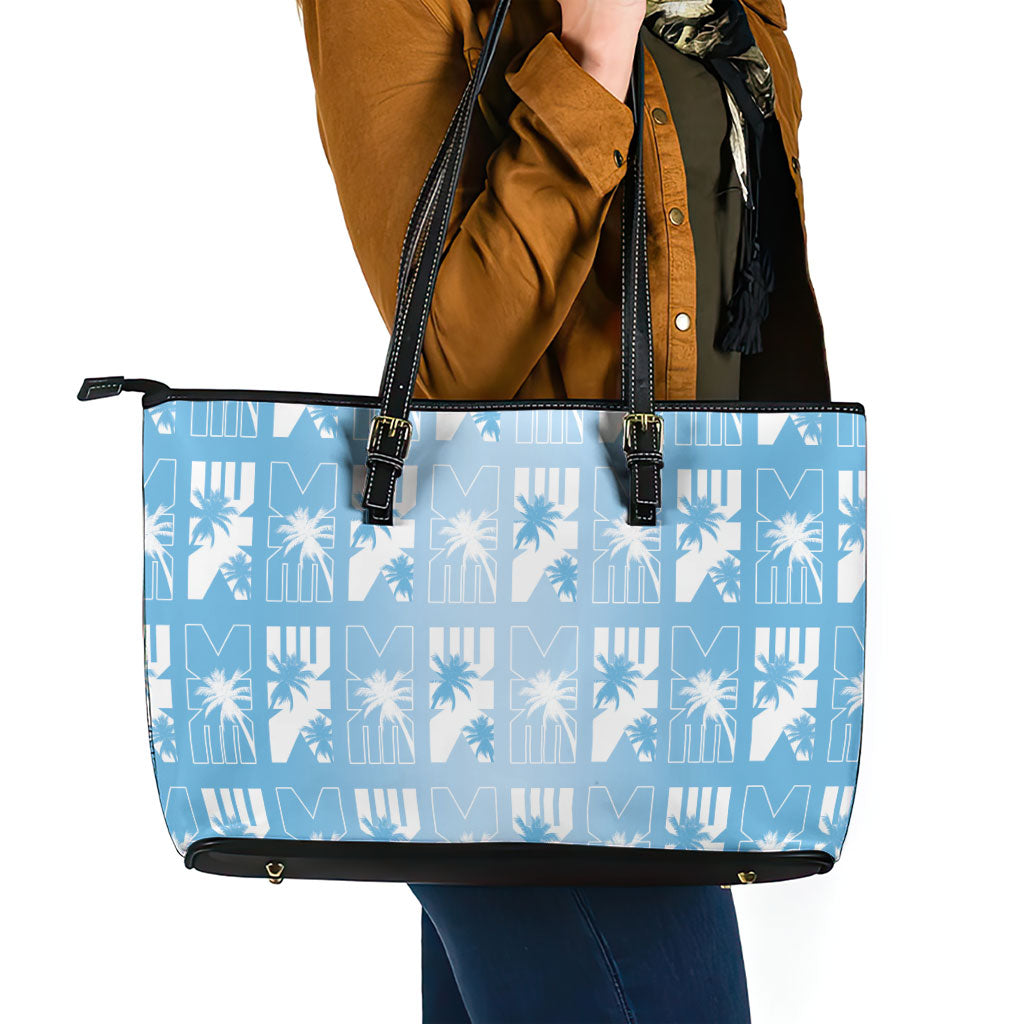 Bula Fiji Leather Tote Bag Blue Makare Masi Tapa Pattern