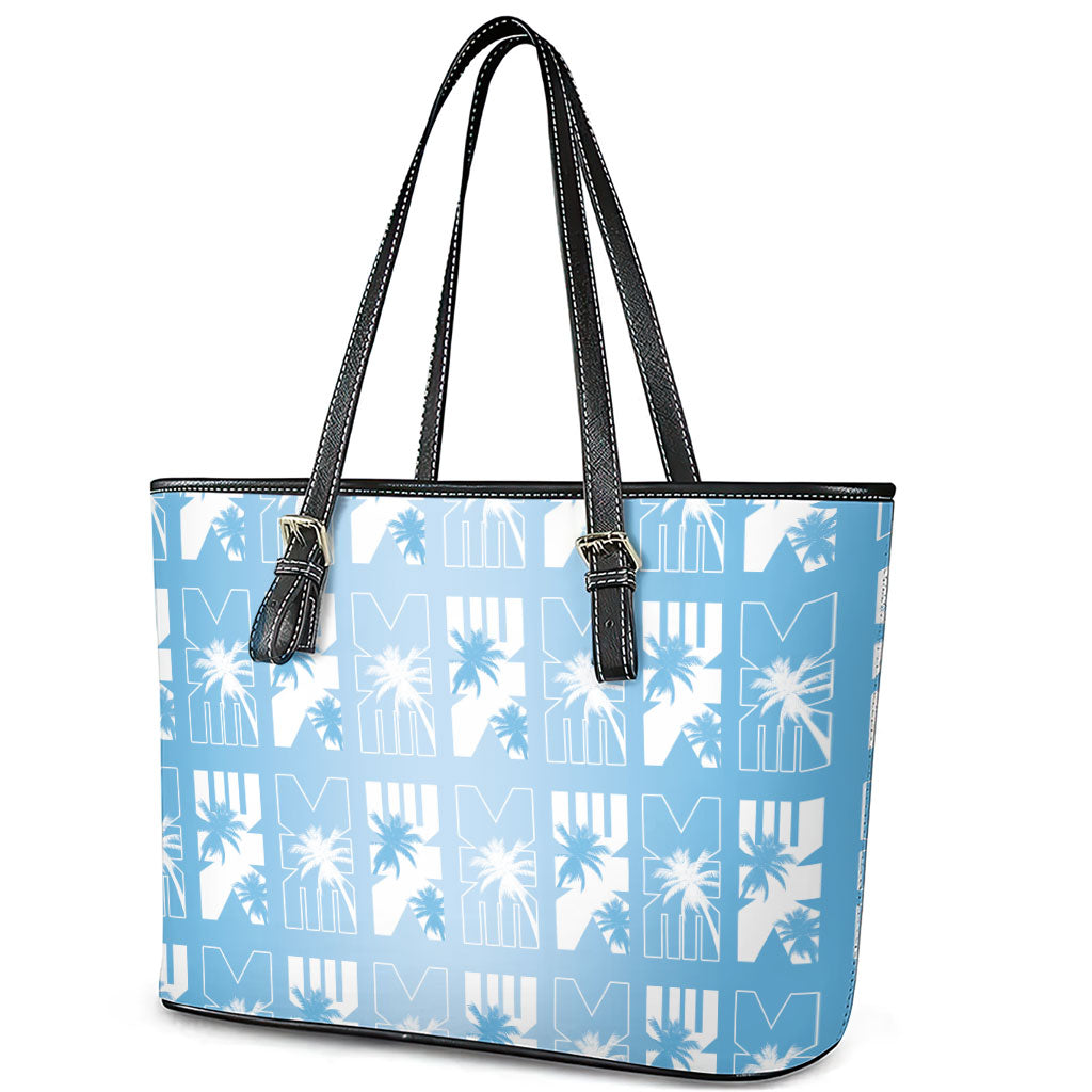 Bula Fiji Leather Tote Bag Blue Makare Masi Tapa Pattern