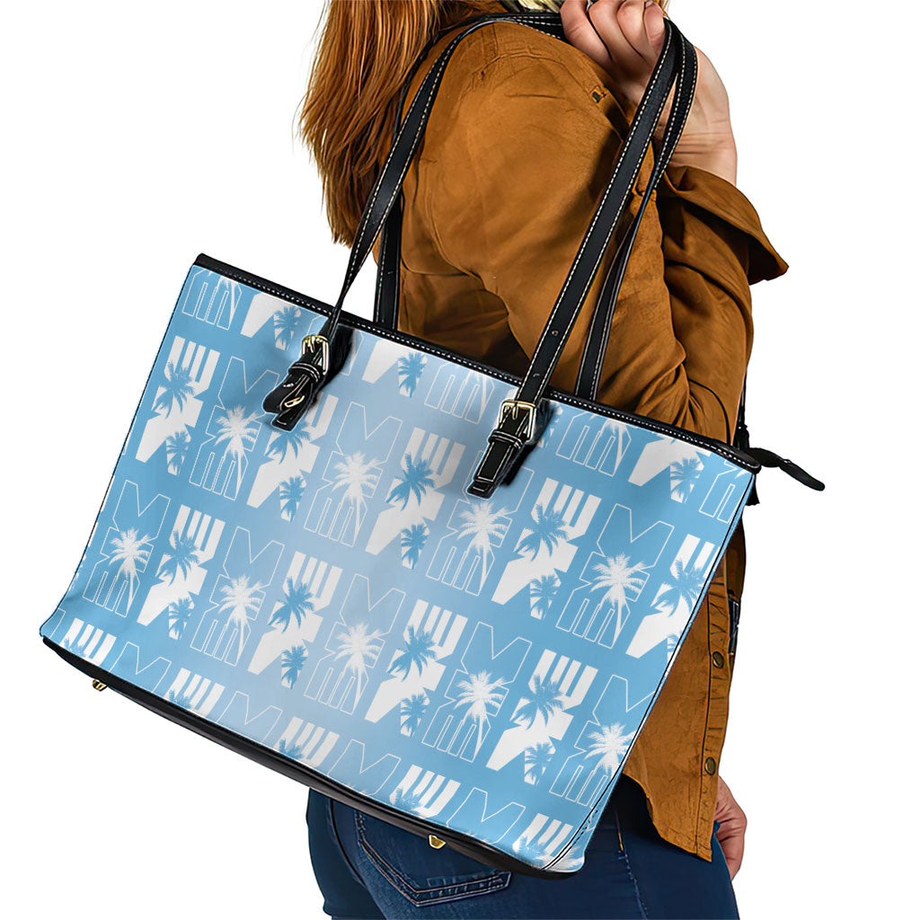Bula Fiji Leather Tote Bag Blue Makare Masi Tapa Pattern