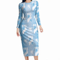 Bula Fiji Long Sleeve Bodycon Dress Blue Makare Masi Tapa Pattern