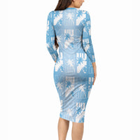 Bula Fiji Long Sleeve Bodycon Dress Blue Makare Masi Tapa Pattern