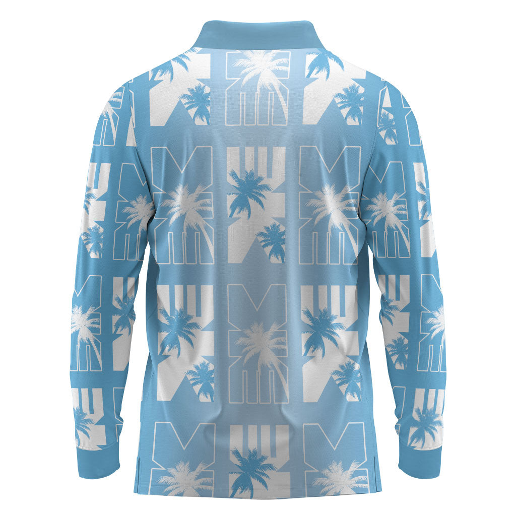 Bula Fiji Long Sleeve Polo Shirt Blue Makare Masi Tapa Pattern