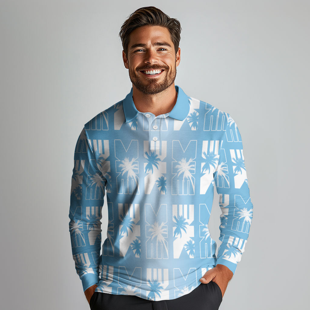Bula Fiji Long Sleeve Polo Shirt Blue Makare Masi Tapa Pattern