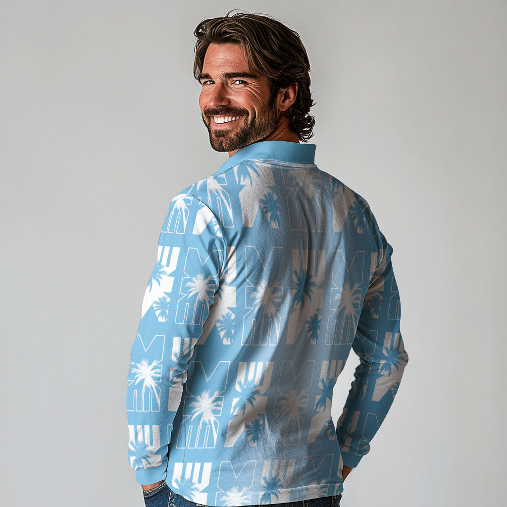 Bula Fiji Long Sleeve Polo Shirt Blue Makare Masi Tapa Pattern