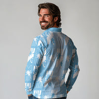 Bula Fiji Long Sleeve Polo Shirt Blue Makare Masi Tapa Pattern