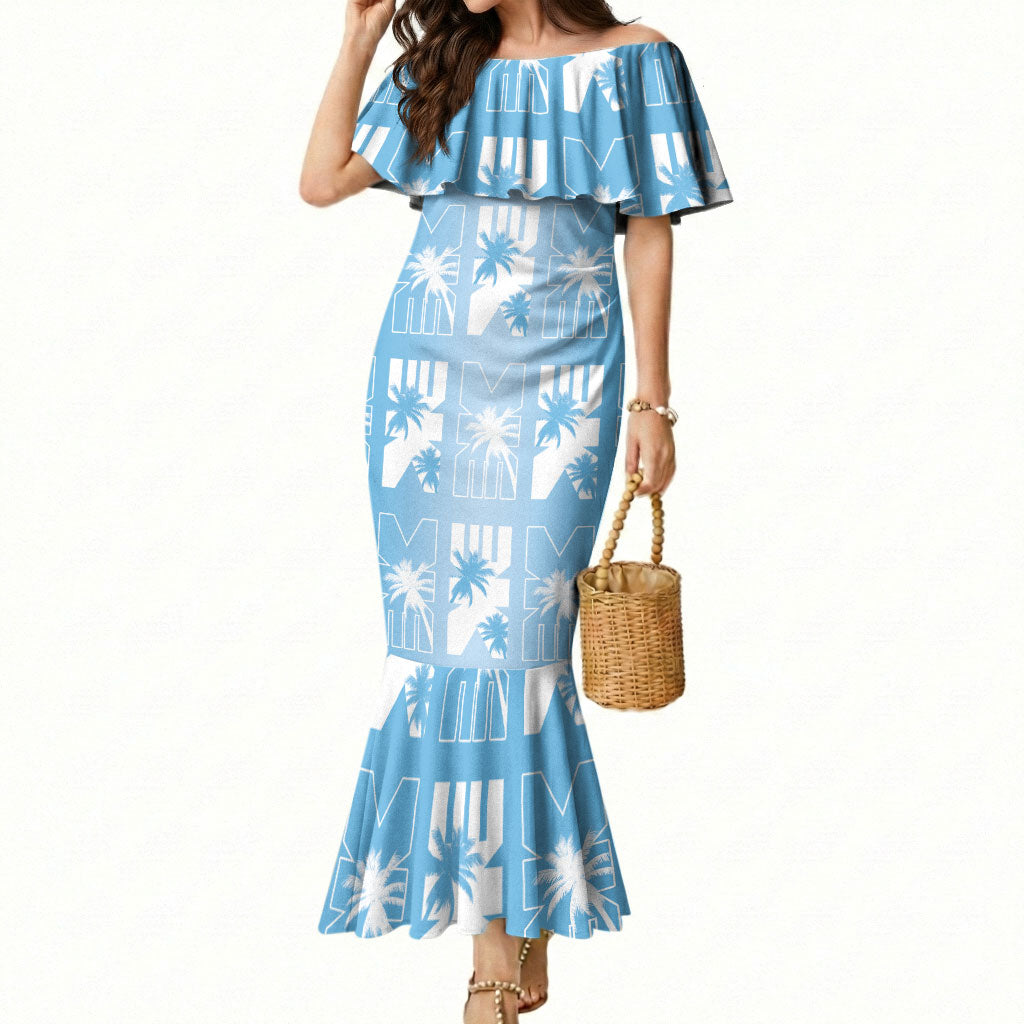 Bula Fiji Mermaid Dress Blue Makare Masi Tapa Pattern