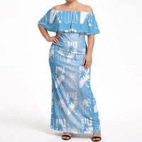 Bula Fiji Off Shoulder Maxi Dress Blue Makare Masi Tapa Pattern