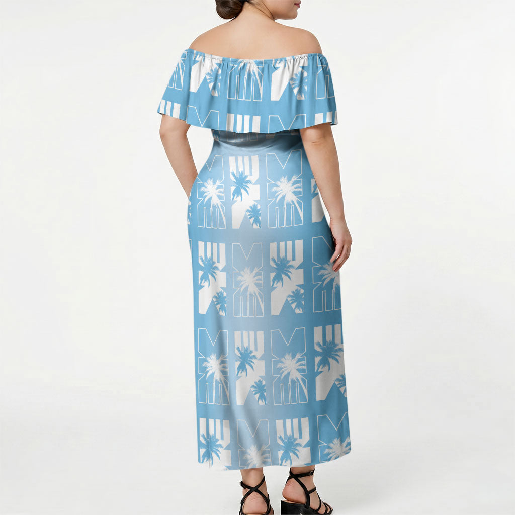Bula Fiji Off Shoulder Maxi Dress Blue Makare Masi Tapa Pattern