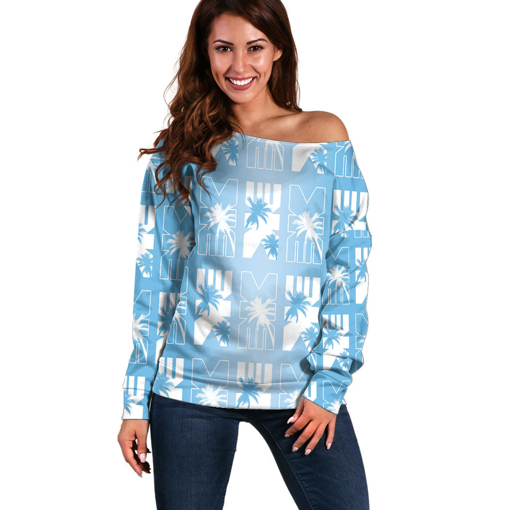 Bula Fiji Off Shoulder Sweater Blue Makare Masi Tapa Pattern