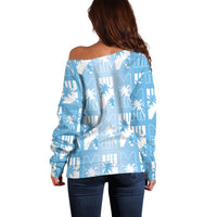 Bula Fiji Off Shoulder Sweater Blue Makare Masi Tapa Pattern