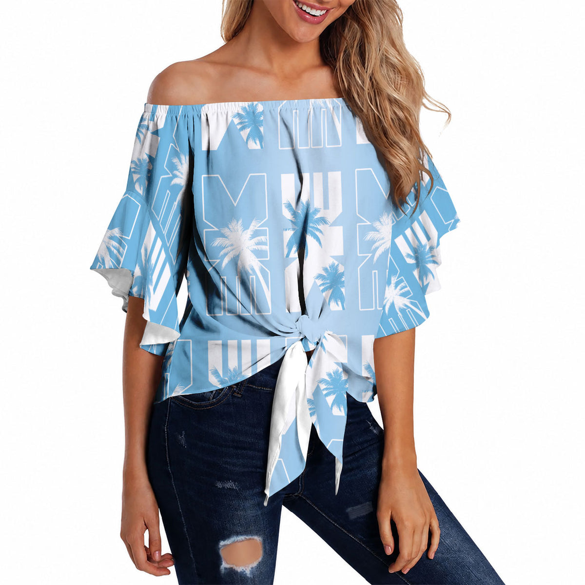 Bula Fiji Off Shoulder Wrap Waist Top Blue Makare Masi Tapa Pattern