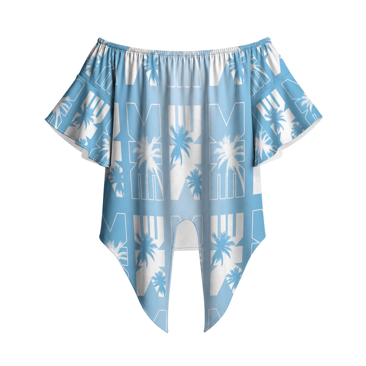 Bula Fiji Off Shoulder Wrap Waist Top Blue Makare Masi Tapa Pattern