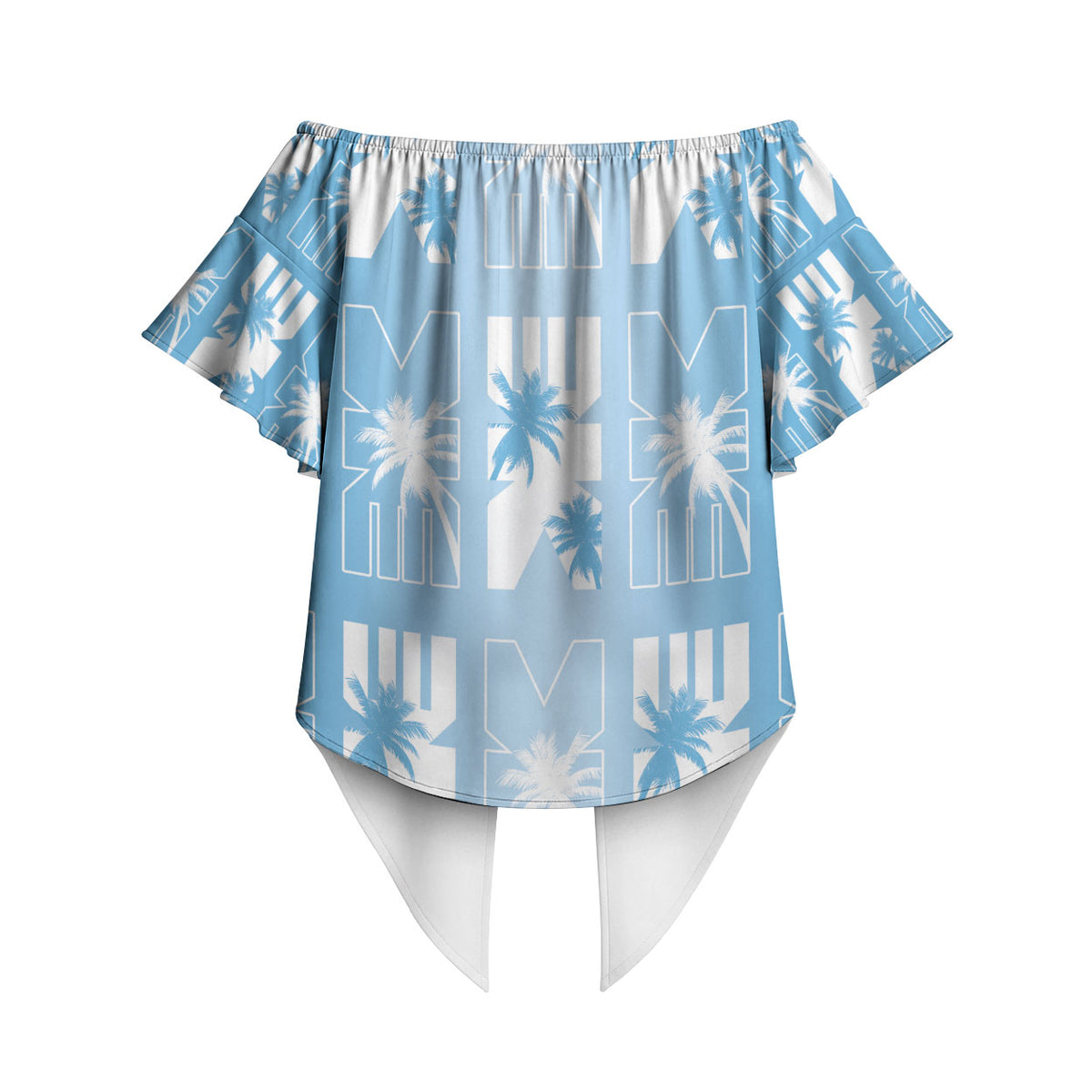 Bula Fiji Off Shoulder Wrap Waist Top Blue Makare Masi Tapa Pattern