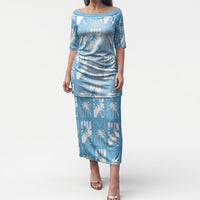 Bula Fiji Puletasi Blue Makare Masi Tapa Pattern