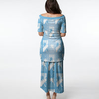 Bula Fiji Puletasi Blue Makare Masi Tapa Pattern