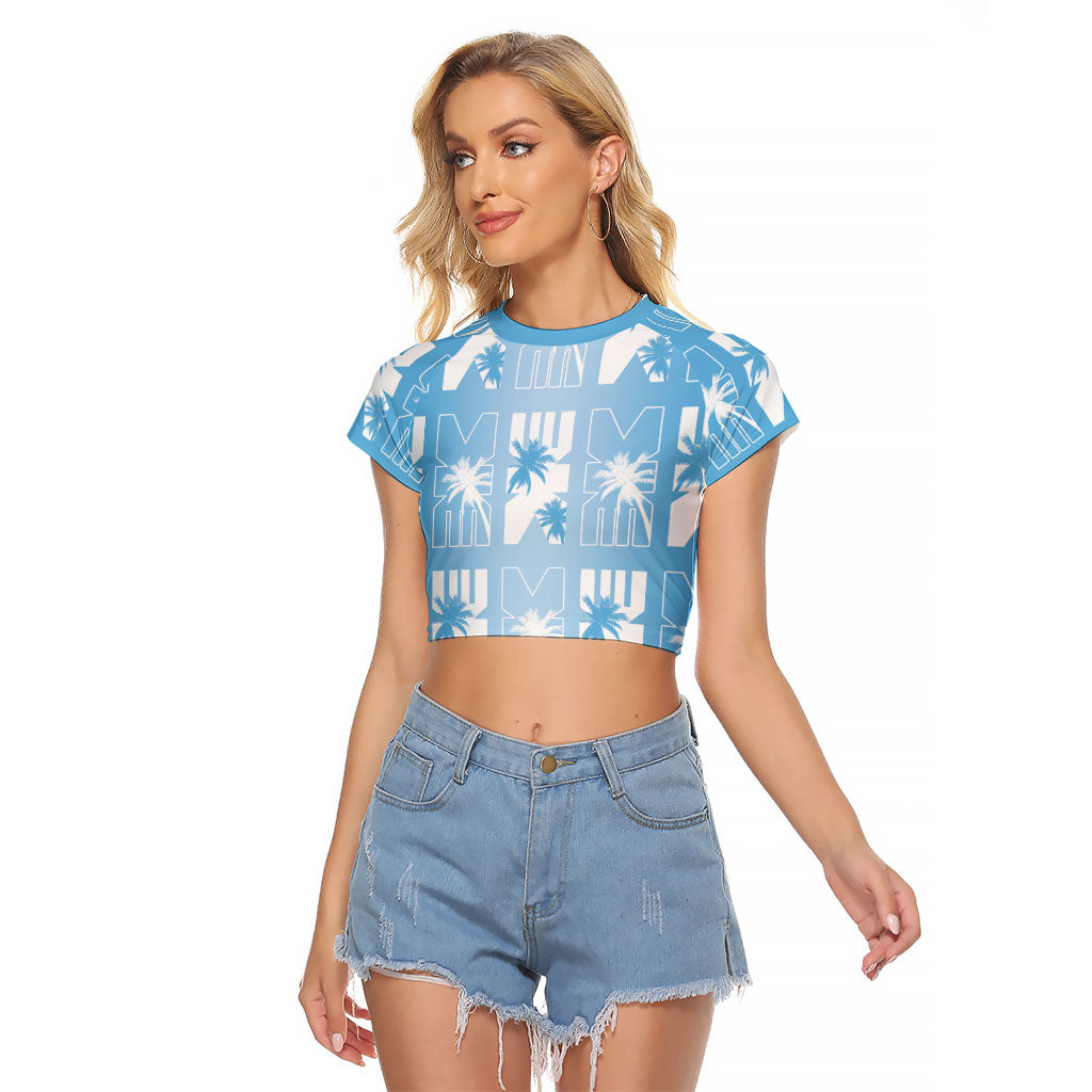 Bula Fiji Raglan Cropped T Shirt Blue Makare Masi Tapa Pattern