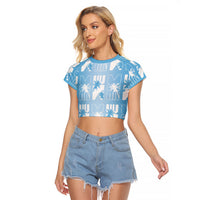 Bula Fiji Raglan Cropped T Shirt Blue Makare Masi Tapa Pattern