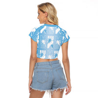 Bula Fiji Raglan Cropped T Shirt Blue Makare Masi Tapa Pattern